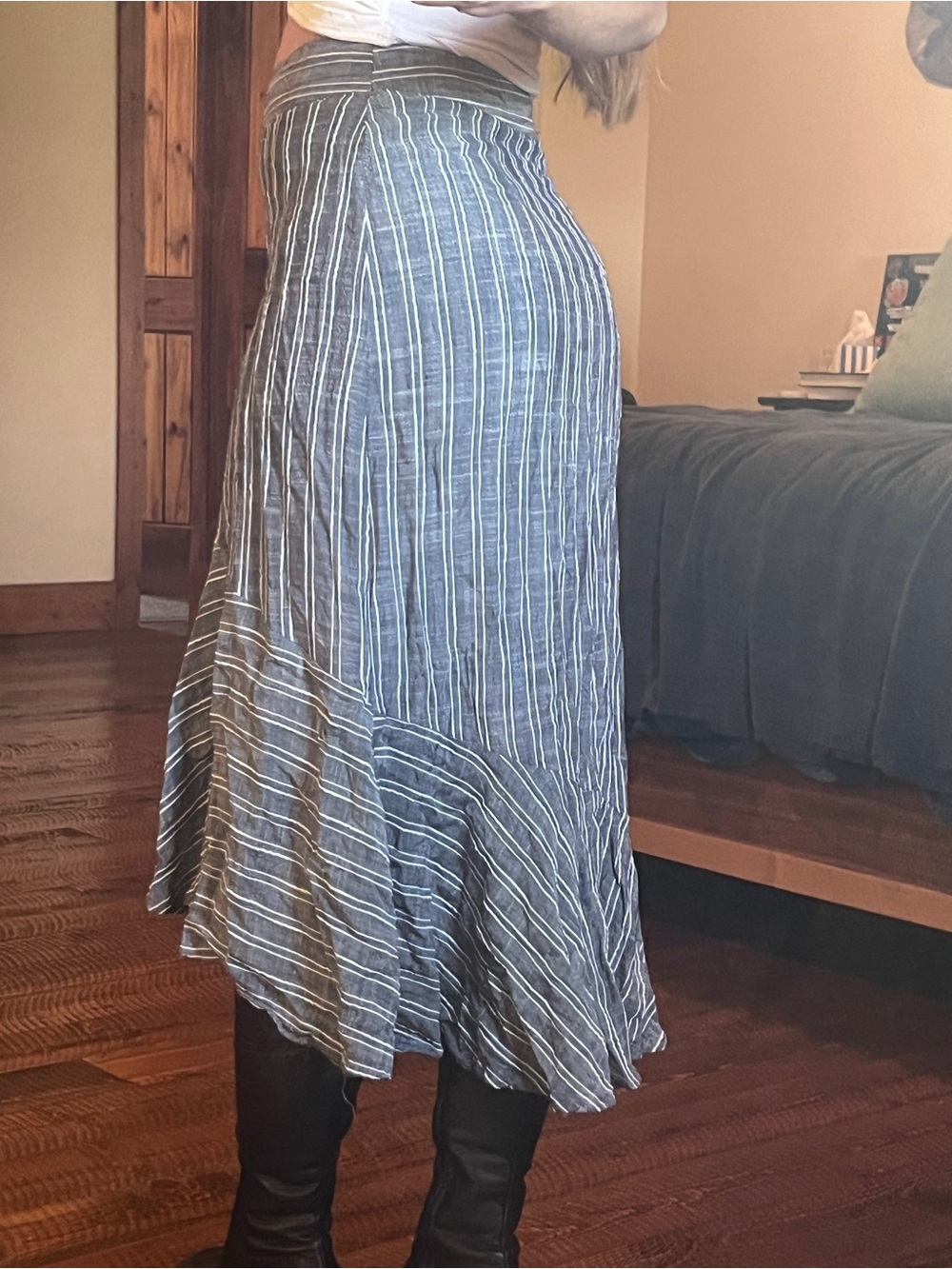 Lulu’s Striped Asymmetrical A-Line Midi Skirt in Slate Blue